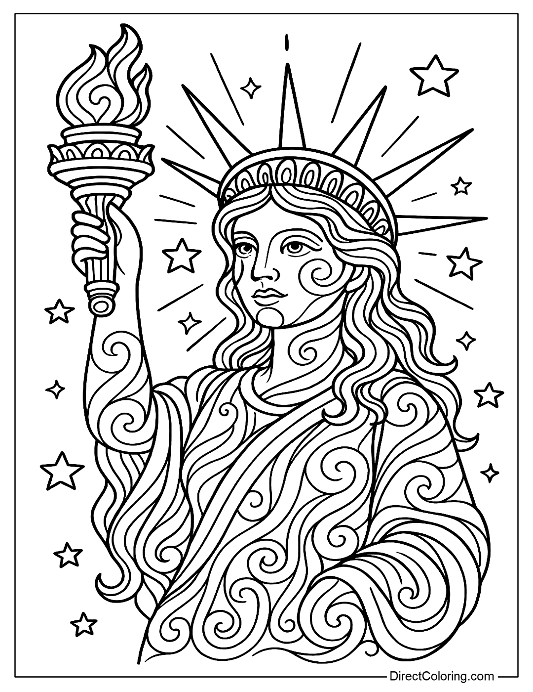 A coloring page of the Statue of Liberty in a soft line art style, surrounded by stars and rays of light.